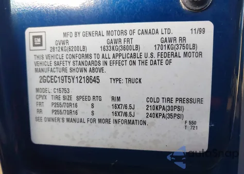 2000 Chevrolet Silverado C1500 from USA, damaged, VIN 2GCEC19T5Y1218645